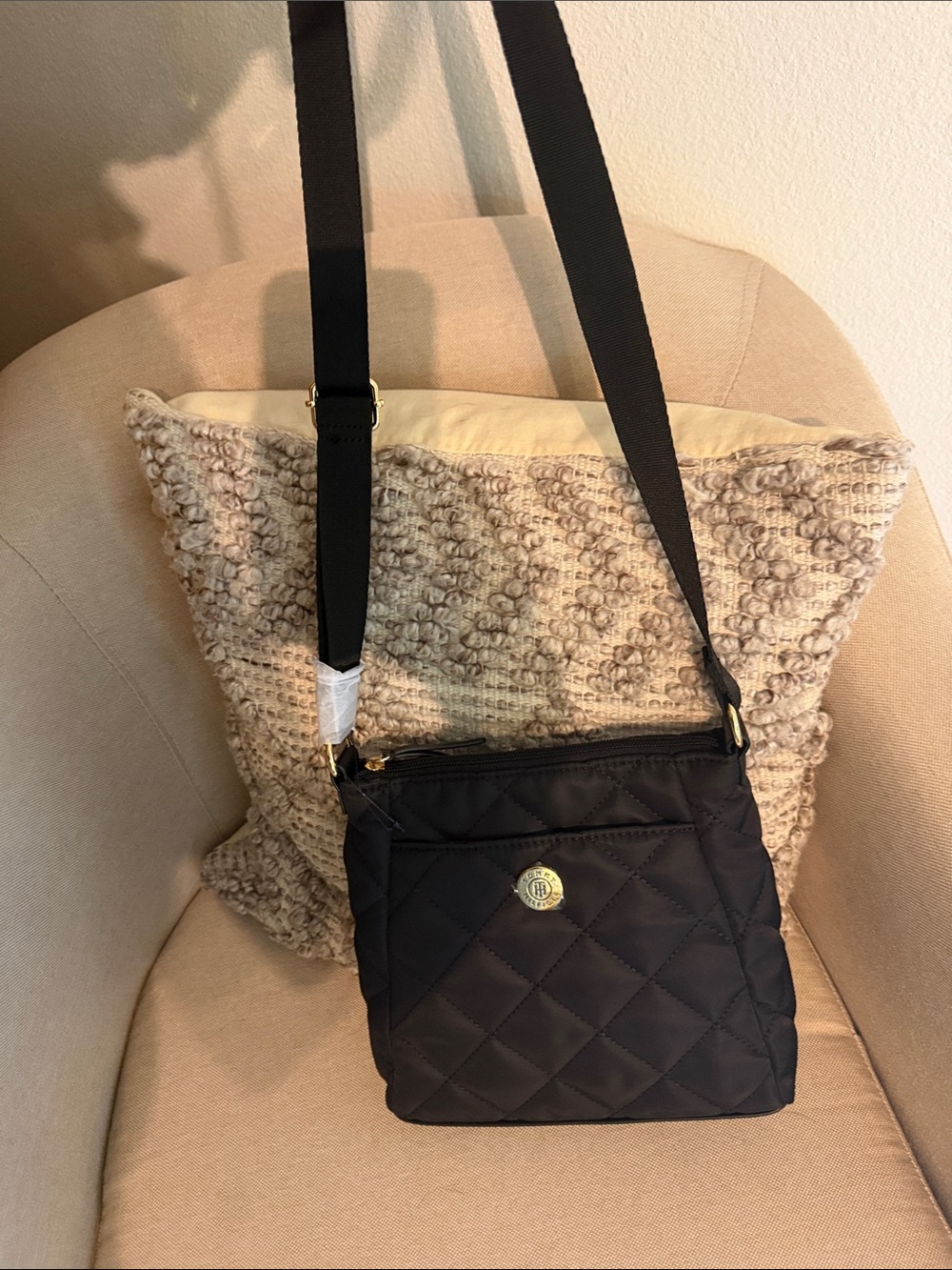 Tommy Hilfiger Black Quilted Crossbody with Gold Logo Accent